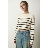 Happiness İstanbul Women's Cream Ribbed Striped Crop Knitwear Sweater Cene