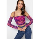 Trendyol Pink-Multicolored Crop Lined Tulle Printed Blouse | Shoptok.si