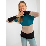 Fashion Hunters Blue-green and black ribbed blouse with a simple turtleneck Cene