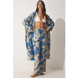 Happiness İstanbul Women's Blue Beige Patterned Viscose Kimono Palazzo Pants Suit cene