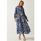 Happiness İstanbul Women's Navy Blue Cream Patterned Buttoned Summer Viscose Dress Cene