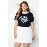 Trendyol Curve Navy Blue Printed Knitted Crop T-shirt Cene