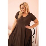 Kesi Włoski Plus size women's dress with short sleeves and ruffle made of light viscose brown | Shoptok.si