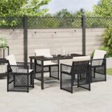 vidaXL set za objedovanje u vrtu od 5 dijelova s jastučićima crno-krem, vrtni stol crni 140x80x73 cm s kaljenim staklom | shoptok.hr