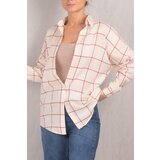 armonika Women's Cream Square Pattern Oversize Long Basic Shirt cene