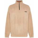 Trendyol Beige Men's Oversize/Wide Fit Sweatshirt with a Zipper Stand-Up Collar Thick Fleece/Plush with Labels.