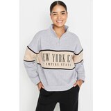 Trendyol Gray Melange Basic Printed Thick Fleece Knitted Sweatshirt Cene
