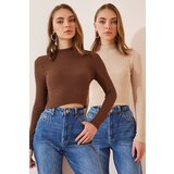 Happiness İstanbul Women's Brown Cream 2-Pack Ribbed Turtleneck Crop Knitted Blouse Cene