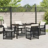 vidaXL set za objedovanje u vrtu od 5 dijelova s jastučićima Crni poli ratan, vrtni stol Crni 160x80x73 cm Staklo otporno na udarce | shoptok.hr