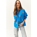 Olalook Women's Saxe Blue Sequin Detailed Woven Boyfriend Shirt Cijene