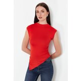 Trendyol Red High Neck Short Sleeve Gathered/Drape Detail Asymmetric Knitted Blouse Cene