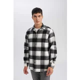 Defacto Men's White Regular Fit Polo Collar Plaid Lumberjack Flannel Long Sleeve Shirt