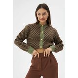 Laluvia Green Crew Neck Gold Buttoned Patterned Cardigan cene