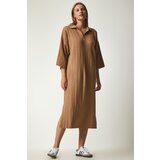 Happiness İstanbul Women's Biscuit Polo Neck Oversized Sweater Dress Cene