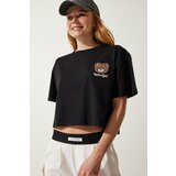 Happiness İstanbul Women's Black Teddy Bear Crest Crop Knitted T-Shirt cene