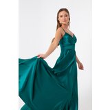 Lafaba Women's Emerald Green Long Satin Evening Dress &; Prom Dress with Thread Straps and Waist Belt Cene