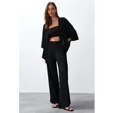 Trendyol Black Relaxed/Comfortable Cut Kimono Knitted Top and Bottom Set