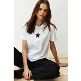 Trendyol white 100% cotton star printed regular/regular fit crew neck knitted t-shirt Cene