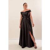 By Saygı Madonna Neckline Waist Belted Lined Slit Plus Size Long Satin Dress | Shoptok.si