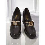 Resti Persephone Nero Women's Block Heel Loafers Eco Leather Gold Buckle | ePonuda.com