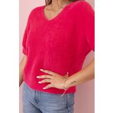 Kesi Włoski Women's sweater made of soft fluff with a V-neck short sleeves fuchsia | shoptok.hr