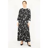 Şans Women's Black Plus Size Woven Viscose Fabric Long Dress With Ribbed Collar And Arm Cuff Cene