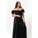 Lafaba Women's Black Boat Neck Train Long Satin Evening Dress & Prom Dress | shoptok.hr