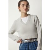 Happiness İstanbul Women's Stone V-Neck Crop Knitwear Sweater Cene