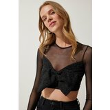 Happiness İstanbul Women's Black Bow Detailed Sheer Crop Blouse Cene