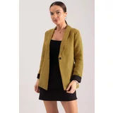 armonika Women's Yellow Herringbone Pattern Fold Sleeve Single Button Cachet Jacket
