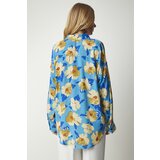  Women's Blue Yellow Patterned Oversize Flowy Viscose Shirt | Shoptok.si