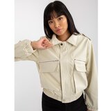 Fashion Hunters Light beige short eco-leather jacket with a collar Cene