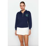 Trendyol Navy Blue Zipper Collar Embroidery Detail Regular Fit Knitted Sweatshirt with Fleece Inside Cene