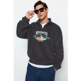 Trendyol Anthracite Unisex Oversize Zipper High Neck Sleeves Striped Urban Embroidered Fleece Sweatshirt
