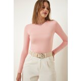  Women's Light Pink Crew Neck Basic Viscose Knitted Blouse Cene