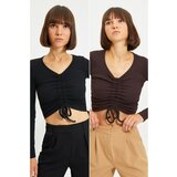 Trendyol black-brown 2-Pack pleated crop knitted blouse Cene
