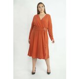Şans Women's Plus Size Orange Waist Detailed Evening Dress Cene