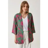  Women's Pink Green Patterned Viscose Kimono