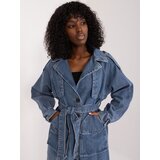 Fashion Hunters Navy blue denim coat with belt | ePonuda.com