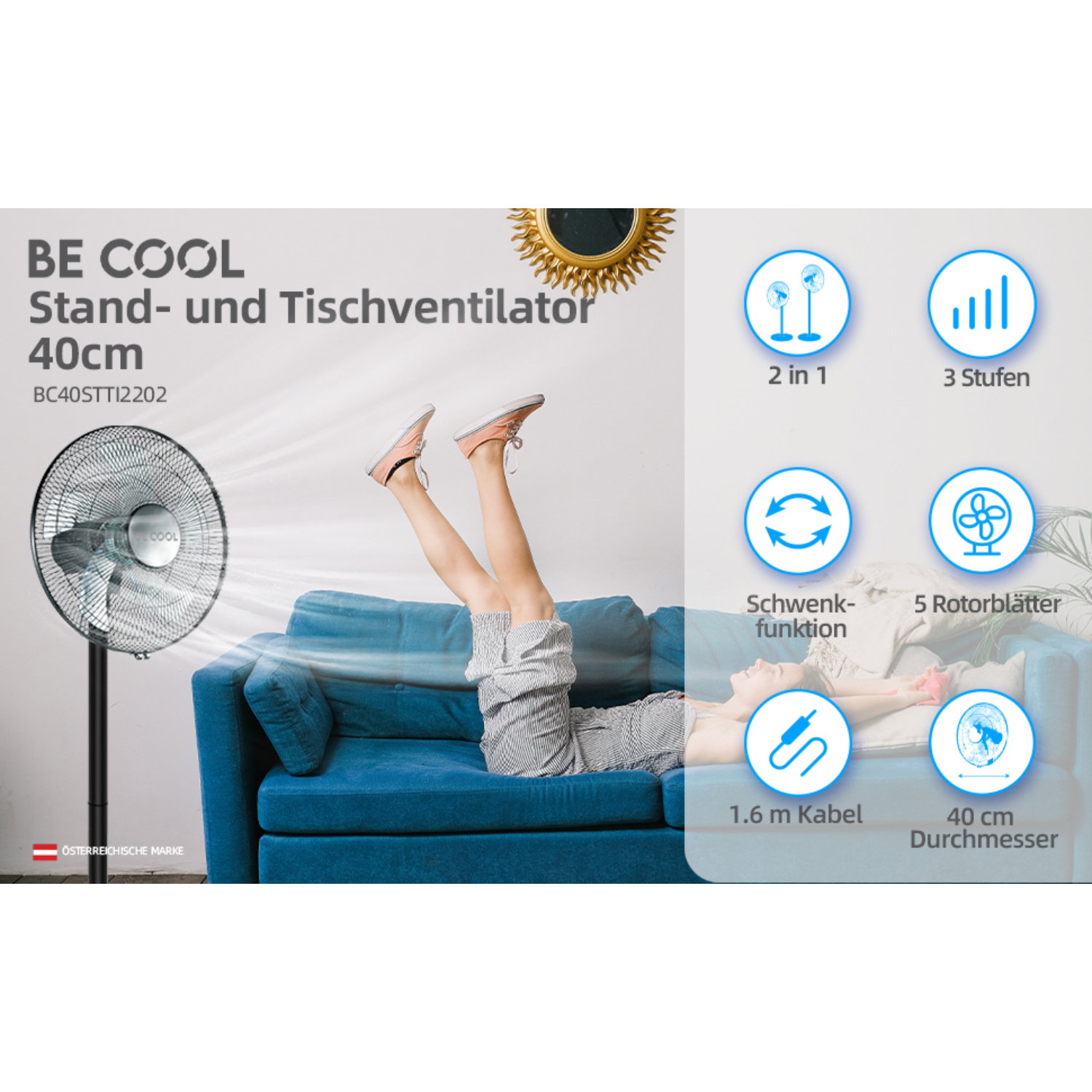 BE COOL ventilator BC40STTI2202 40cm 2 u 1 crni | shoptok.hr
