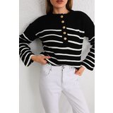 BİKELİFE Women's Black Oversize Gold Buttoned Striped Thick Knitwear Sweater Cene