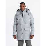Ombre Warm men's long parka jacket with wool - light grey melange Cene