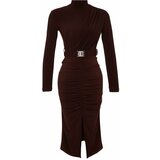 Trendyol Brown Fitted/Sticky Collar Knitted Dress with Draping and Belt Cene
