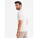 Ombre Men's horizontal striped viscose polo shirt - white and beige | ePonuda.com