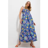 Trend Alaçatı Stili Women's Saxe Blue Strap Skirt Flounce Floral Pattern Gimped Woven Dress