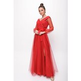 By Saygı Lace-Up Balloon Sleeve Tulle Long Evening Dress Red Cene