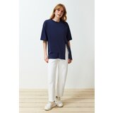 Trendyol navy blue 100% single jersey relaxed/comfortable fit asymmetric knitted t-shirt Cene