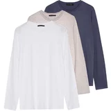 Trendyol Dark Grey-Beige-White Men's 3-Pack 100% Cotton Long Sleeve Slim/Tight Fit Basic T-Shirt
