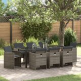 vidaXL 9-dijelni set za objedovanje u vrtu s jastučićima Sivi Poli Ratan, Vrtni stol Crni 200x80x73 cm Staklo otporno na udarce | shoptok.hr