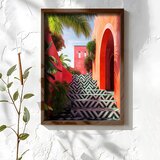 Wallxpert uramljena MDF slika NAL070-46, crveni zidovi sa lukom, crno-belim stepenicama i palmama, 35,5 x 47 cm | Eponuda.com